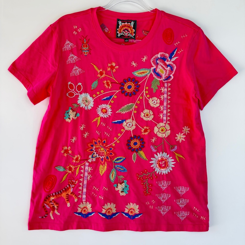 Johnny Was Griffin Easy Fit Tee Embroidered Cat/Tiger T-Shirt Womens S Floral